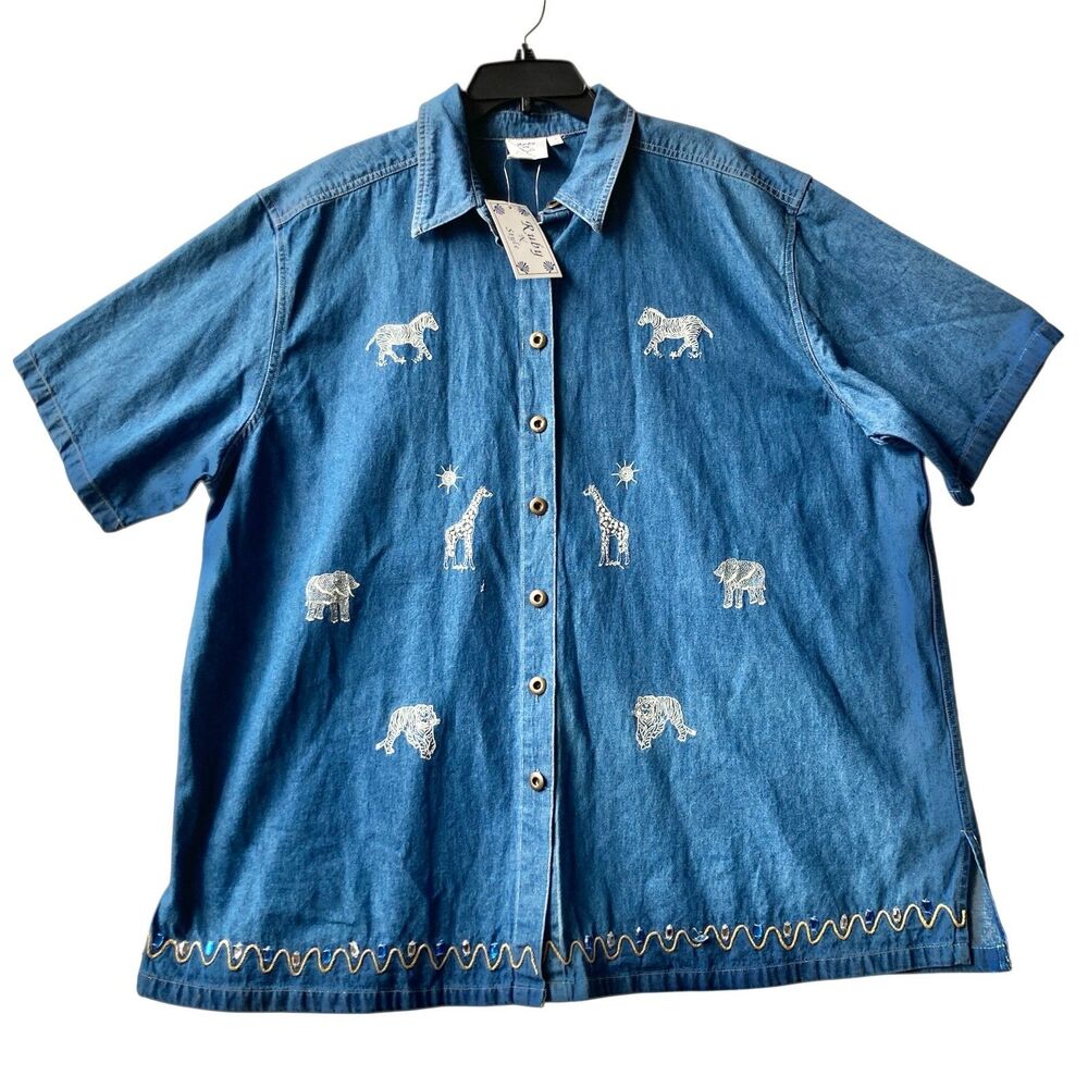 Blue Denim Womens Safari Animal Size 3X Shirt Jacket Chambray Embellished NWT